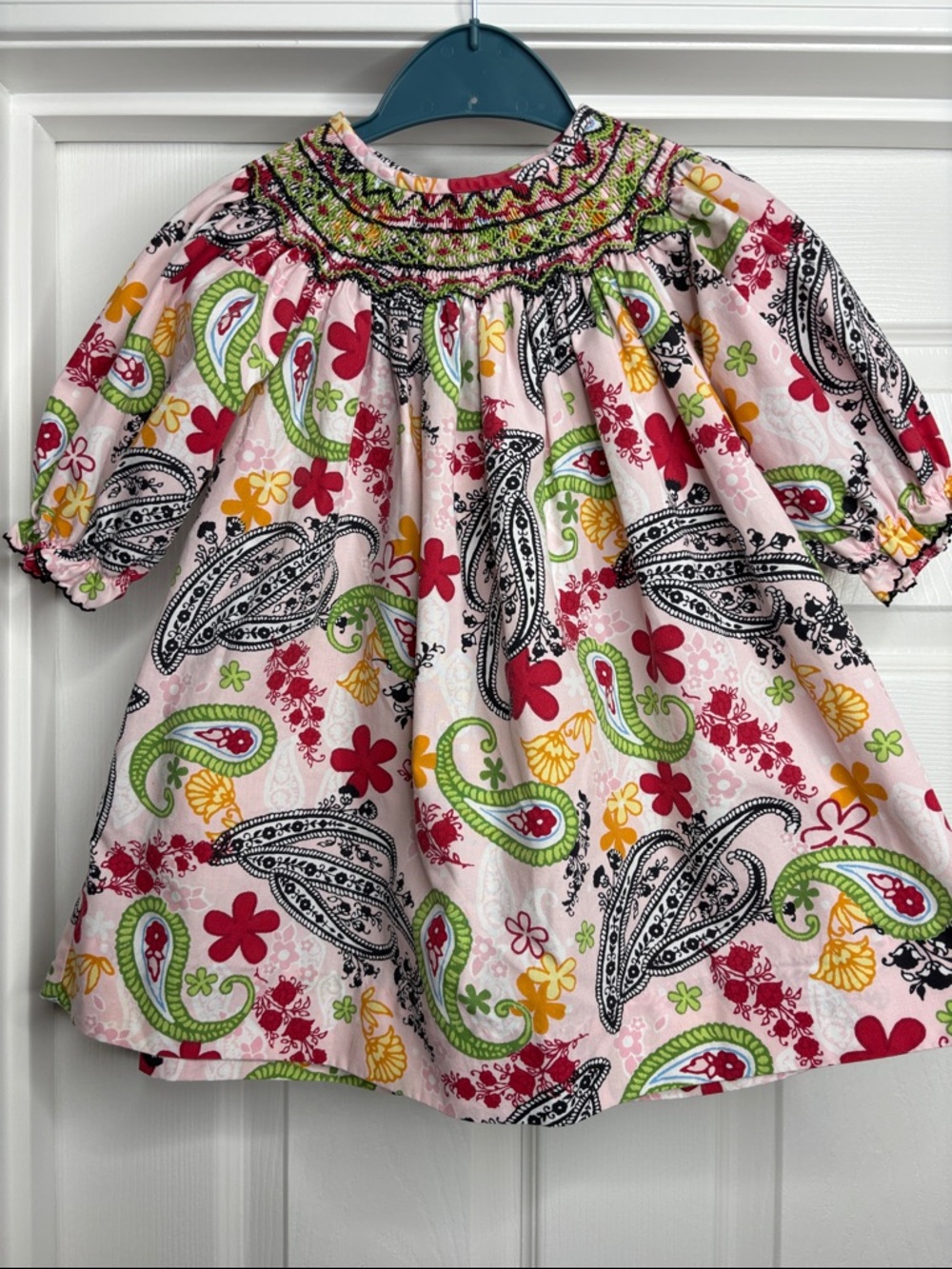 Girls Pink Paisley Smocked Dress with Bright Floral Accents